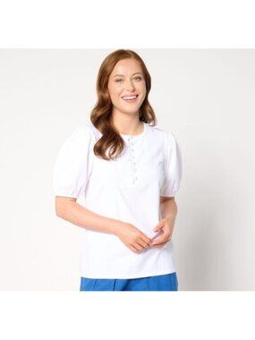 AnyBody Women Top Knit Henley sz L Puff Sleeve White A647604